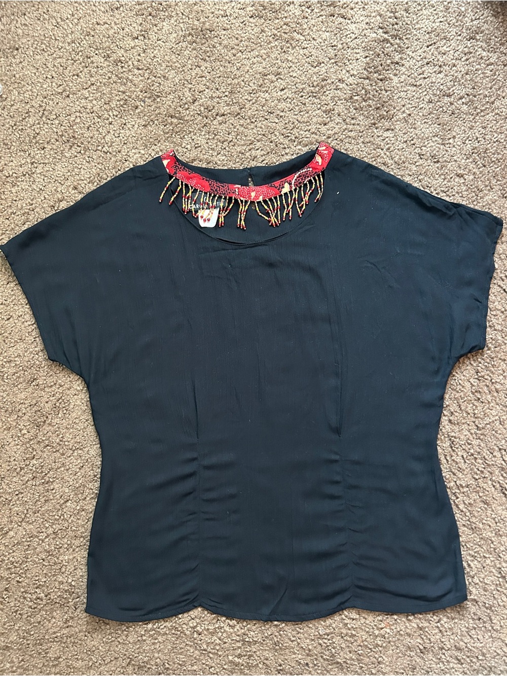 Carole Little Black Short Sleeve Top with Red Beaded Fringe Neckline